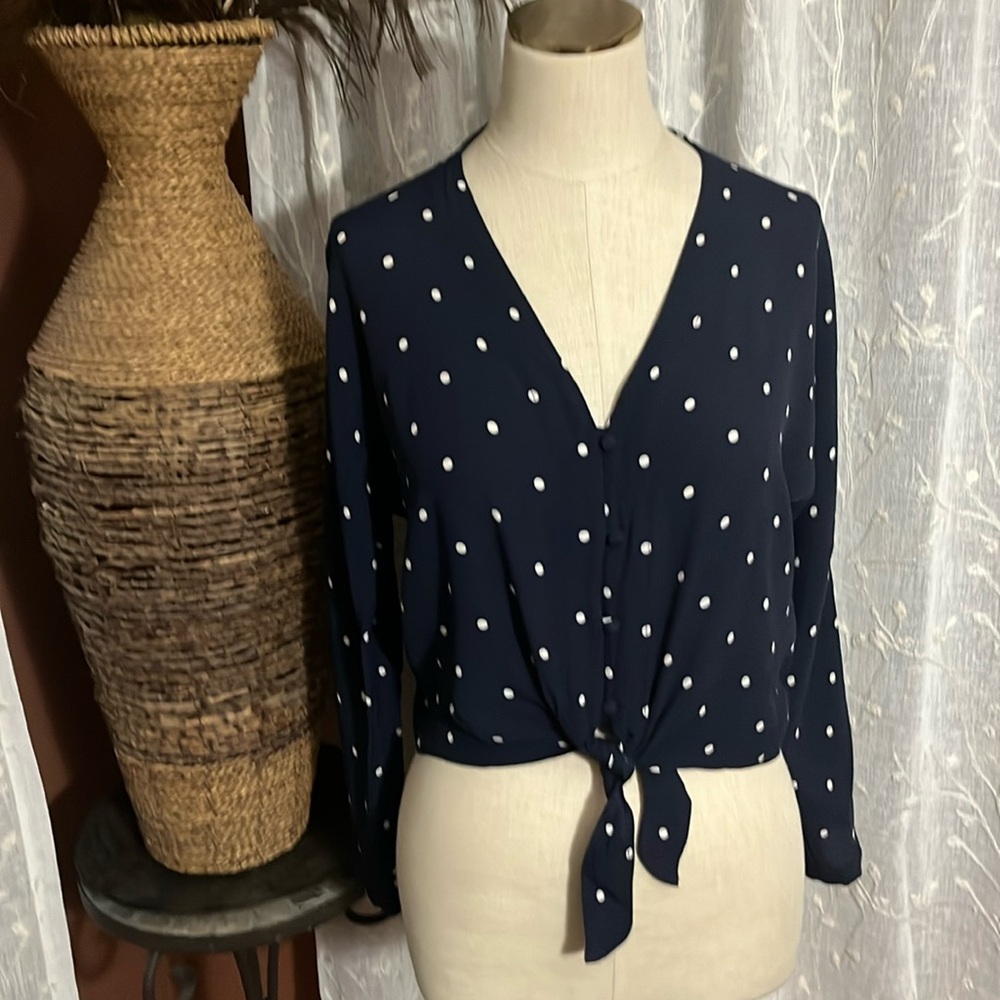 Rails Navy/ White Polka Dot Top with Front Tie